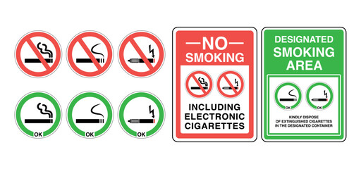 No Smoking and Vaping Signs. Cigarette and E-Cig Prohibition Symbols. Vector Illustrations for Smoking and Non-Smoking Areas.