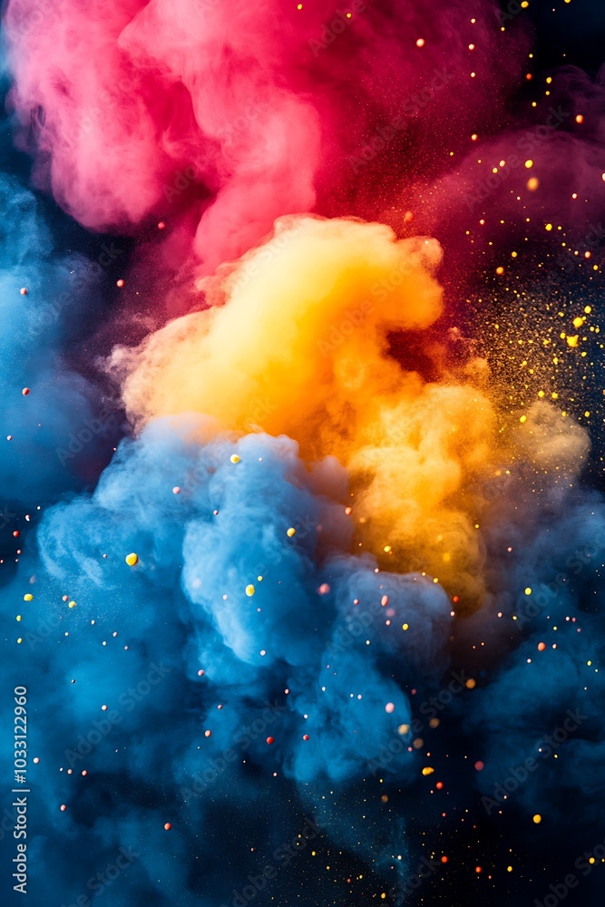 Aufkleber a vibrant explosion of colorful smoke in shades of blue, pink, and yellow, creating a captivating vi