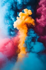 A vibrant explosion of colorful smoke in shades of blue, orange, and purple creates a dramatic and artistic visual.