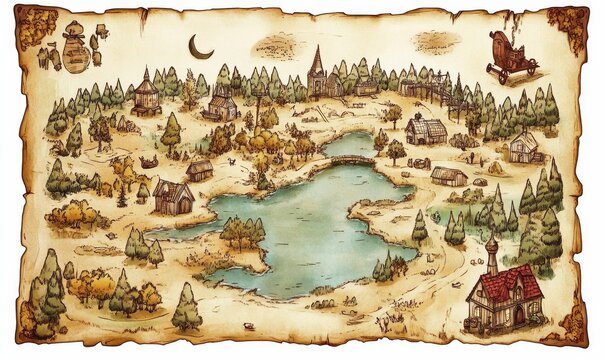 Hand-drawn map of a village by a lake.