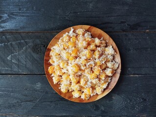 Urab jagung or Indonesian traditional foods Made from boiled corn with grated coconut. famous in West Java 