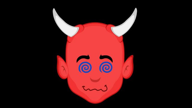 video animation emoji face demon character cartoon illustration, hypnotized or drugged with spiral shaped eyes, on a transparent background with alpha channel set to zero