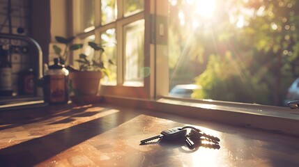 Sunlight pouring through the window a kitchen counter with a keychain and car keys