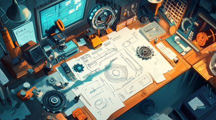 Depict a workspace filled with various inventions and prototypes, such as unique gadgets, mechanical devices, and creative solutions