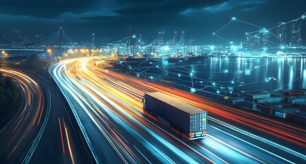 Fototapeta premium A dynamic digital illustration of an empty cargo truck on the highway, with a cityscape and container port in the background,