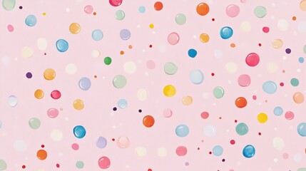 Colorful polka dot pattern on pink background, playful decoration. Abstract art concept
