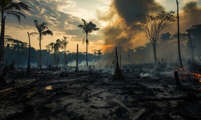 Smoke and fire engulf charred rainforest.