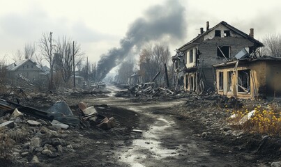 A destroyed town with burned buildings and smoke.
