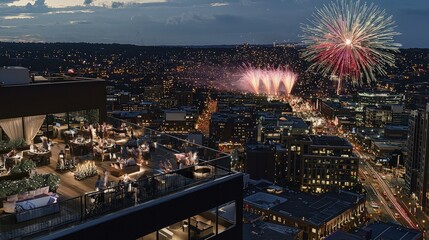 People gather on a rooftop patio to watch a fireworks display over the city skyline at night.