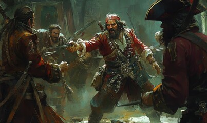 Fototapeta premium Three pirates fighting with swords.