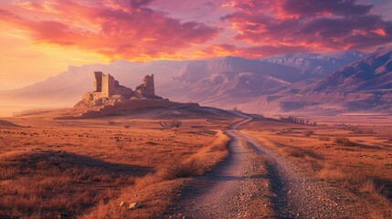 Exploring Antiquity: Dirt Road to Ancient Cities Like Bethany and Antioch Beneath a Colorful Sunset