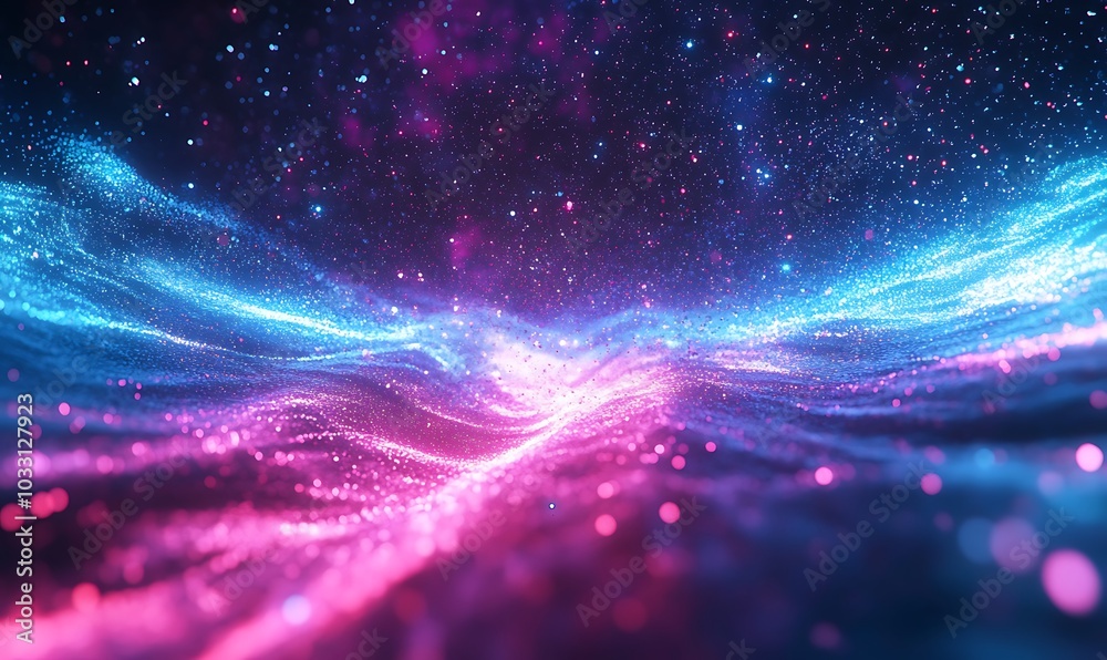 Aufkleber a vibrant, abstract scene of flowing waves in shades of blue and pink, creating a cosmic, ethereal a