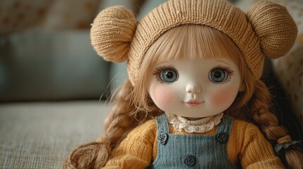 A charming doll with braided hair and a cozy outfit, sitting on a soft surface.