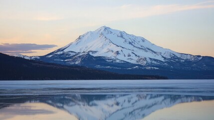 A snow-capped mountain peak reflected in a frozen lake at sunset.