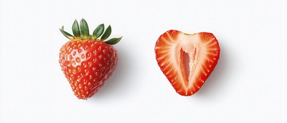 Two large strawberries with water droplets; one whole and one halved showcasing juicy interior