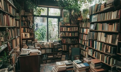Obraz premium Bookshelves overflowing with vintage books.