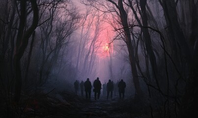 Silhouettes walk through a foggy forest at sunset.