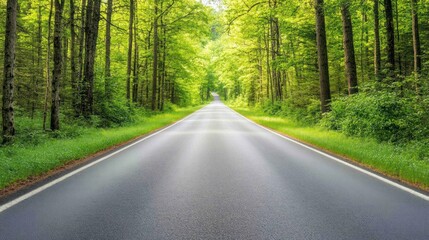 Fototapeta premium A paved road winds through a lush forest, disappearing into the distance. The trees line the road on both sides, creating a tunnel of green leaves. 