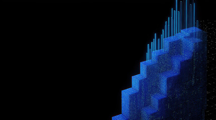 Futuristic 3d staircase image of glowing blue lines dark background.Abstract figure showing growth,progress and reaching new heights for projects related technology business or personal development.