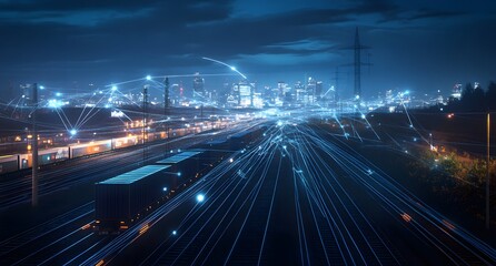A dynamic scene of cargo trucks and railway cars in motion, with digital connections between them representing a global logistics network or drone delivery. 