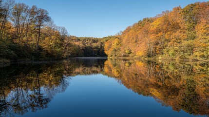 Obraz premium A tranquil lake reflects the vibrant colors of autumn foliage.