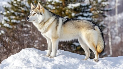 Naklejka premium A Siberian Husky stands on a snow-covered hill, looking to the side with a snowy forest background.