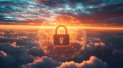 A 3D rendering of a padlock floating above a globe with secure data lines connecting different countries.