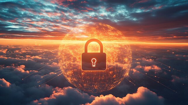 A 3D rendering of a padlock floating above a globe with secure data lines connecting different countries.