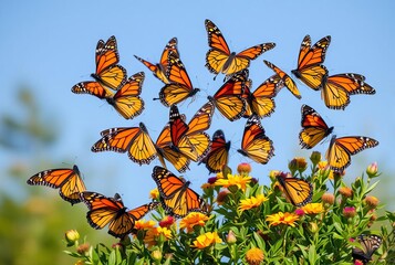 _. A group of monarch butterflies taking flight simultaneously f