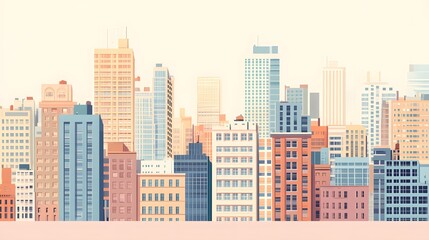 Obraz premium A minimalist urban illustration featuring simplified buildings and soft colors, capturing the essence of city life in a calming and artistic manner.