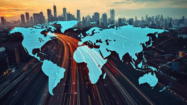 Digital world map overlayed on a busy highway, illustrating the interconnectedness of global trade routes and modern transportation systems