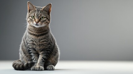 Obraz premium A tabby cat sits on a plain grey background.