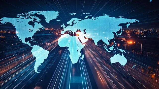 Digital world map overlayed on a busy highway, illustrating the interconnectedness of global trade routes and modern transportation systems