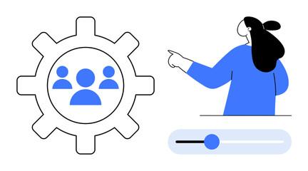 An abstract depiction of a woman pointing towards a gear with team icons, alongside a slider. Ideal for teamwork, project management, workflow optimization, productivity, and digital collaboration