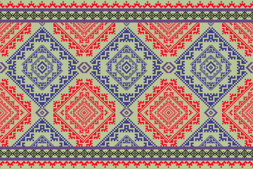 Geometric ethnic pattern in red, blue and purple vector illustration pixel art.Aztec style,abstract.design for texture,rugs,fabric,clothing,sarong,scarf,wrap,carpet.