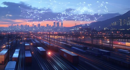 Fototapeta premium A dynamic scene of cargo trucks and railway cars in motion, with digital connections between them representing a global logistics network or drone delivery. 