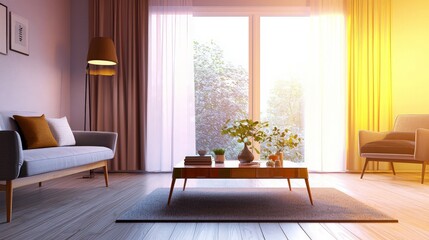 Fototapeta premium A modern living room with a couch, armchair, coffee table, rug, and a large window with a view of a sunny day.