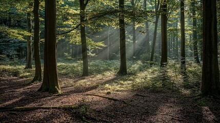Obraz premium Sunbeams pierce through the canopy of trees in a dense forest, illuminating the green undergrowth and creating a magical atmosphere.