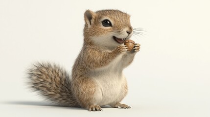 Fototapeta premium A cute, brown squirrel sits on a white background and eats an acorn.