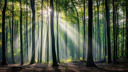 Obraz premium Sunlight beams through the trees in a misty forest.