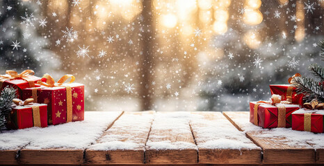 empty table in the foreground and christmas tree and gifts on background