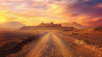 Fototapeta premium Sunset Over Time: A Dusty Desert Road Towards Ancient Castle Ruins in a Biblical Landscape