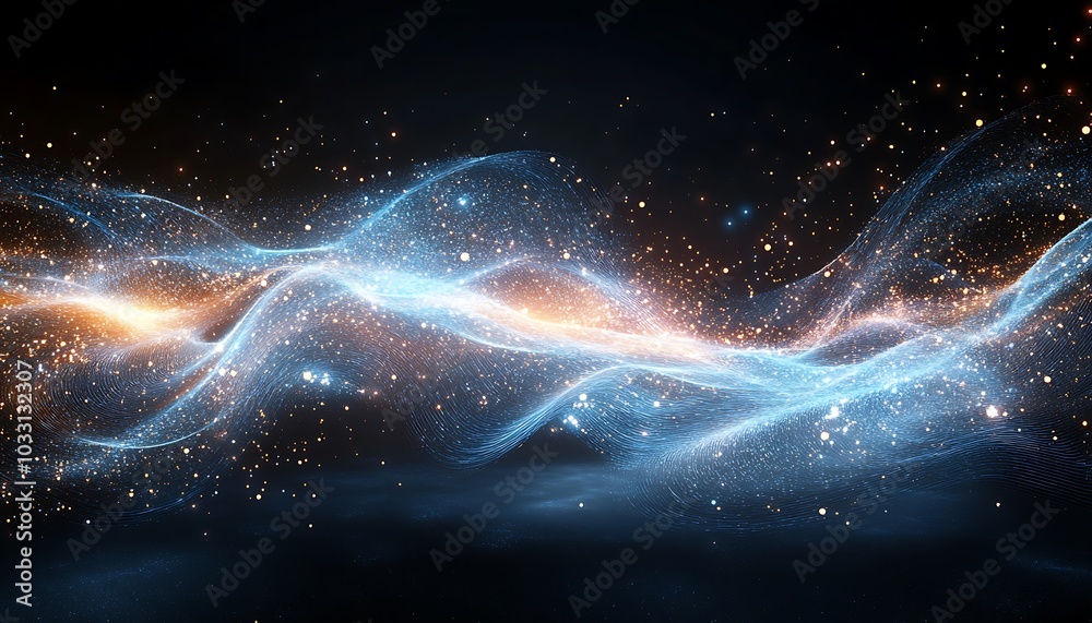 Aufkleber A mesmerizing wave of light and particles dances through a dark space, creating a cosmic atmosphere filled with energy and color.