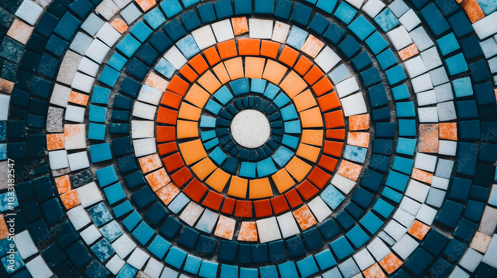 Poster Abstract mosaic tile pattern in blue, orange, and white colors.