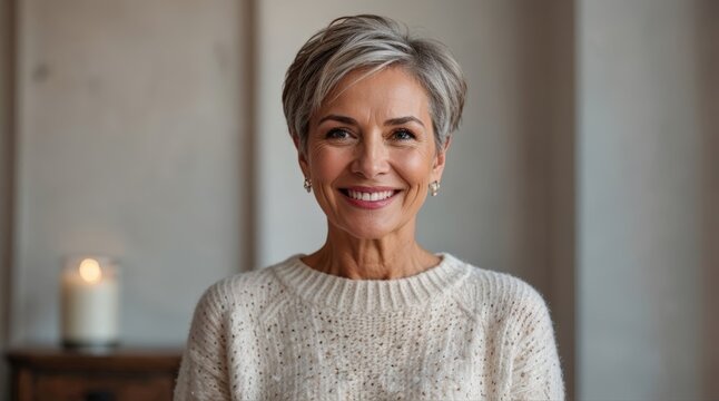 Close up image of happy good looking elegant senior woman wearing warm cozy sweater jumper, pearl earrings and short pixie cut stylish haircut in good mood sitting in living room, smiling broadly