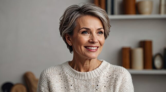 Close up image of happy good looking elegant senior woman wearing warm cozy sweater jumper, pearl earrings and short pixie cut stylish haircut in good mood sitting in living room, smiling broadly