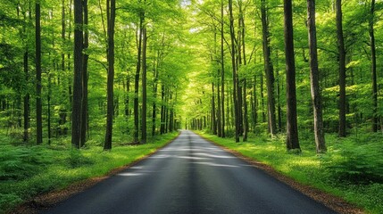 Obraz premium A paved road winds through a lush green forest, bathed in sunlight. The trees form a tunnel of foliage, creating a sense of mystery and tranquility.