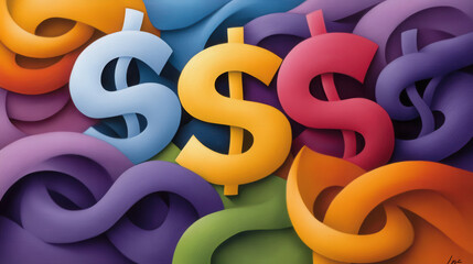 Colorful abstract painting featuring swirling currency symbols, primarily dollar signs, against vibrant background. dynamic shapes and hues evoke sense of movement and energy