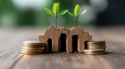 Investing in growth, this showcases conceptual representation of bank with its foundation, symbolizing financial stability and sustainability. coins and green plants illustrate potential for growth