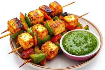 Grilled Paneer Skewers with Bell Peppers and Green Chutney